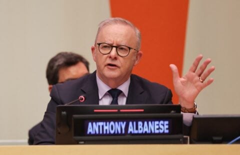 Australian Prime Minister Anthony Albanese speaks at the United Nations General Assembly announcing a criminal investigation into OpenAI's breach of the Medicare statistics portal