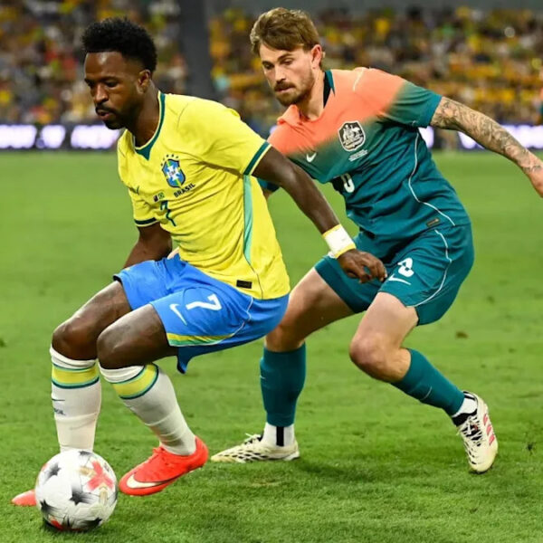 Nestory Irankunda celebrates his free kick goal for Australia against Brazil at Queensland Country Bank Stadium, Townsville