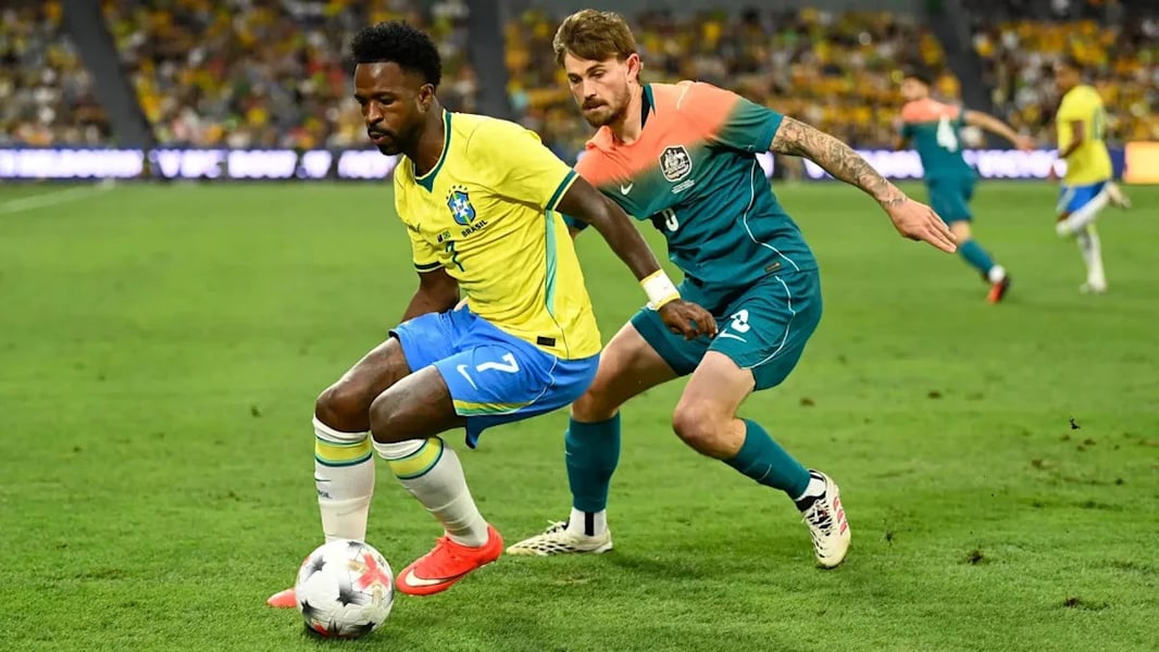 Nestory Irankunda celebrates his free kick goal for Australia against Brazil at Queensland Country Bank Stadium, Townsville