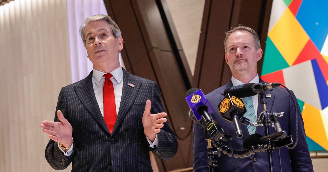Scott Bessent and Jamieson Greer after US-China trade talks in New York ahead of Trump-Xi summit