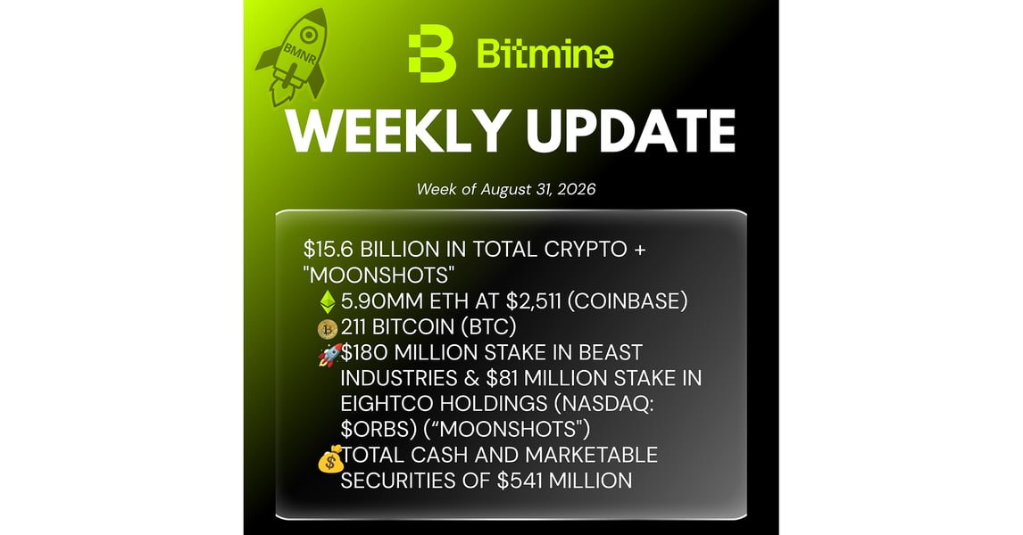 BitMine Immersion Technologies BMNR Ethereum treasury weekly update August 31 2026 holdings 5.9 million ETH