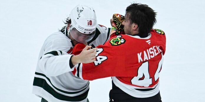 Wyatt Kaiser Chicago Blackhawks defenseman NHL preseason game Minnesota Wild United Center