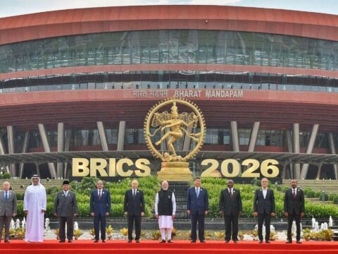 Leaders at the 18th BRICS Summit in New Delhi's Bharat Mandapam, September 12, 2026