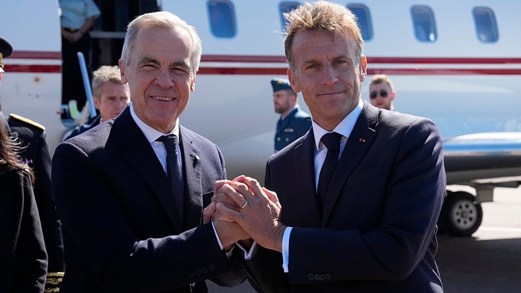 Canadian Prime Minister Mark Carney and French President Emmanuel Macron at Saint-Pierre-et-Miquelon summit