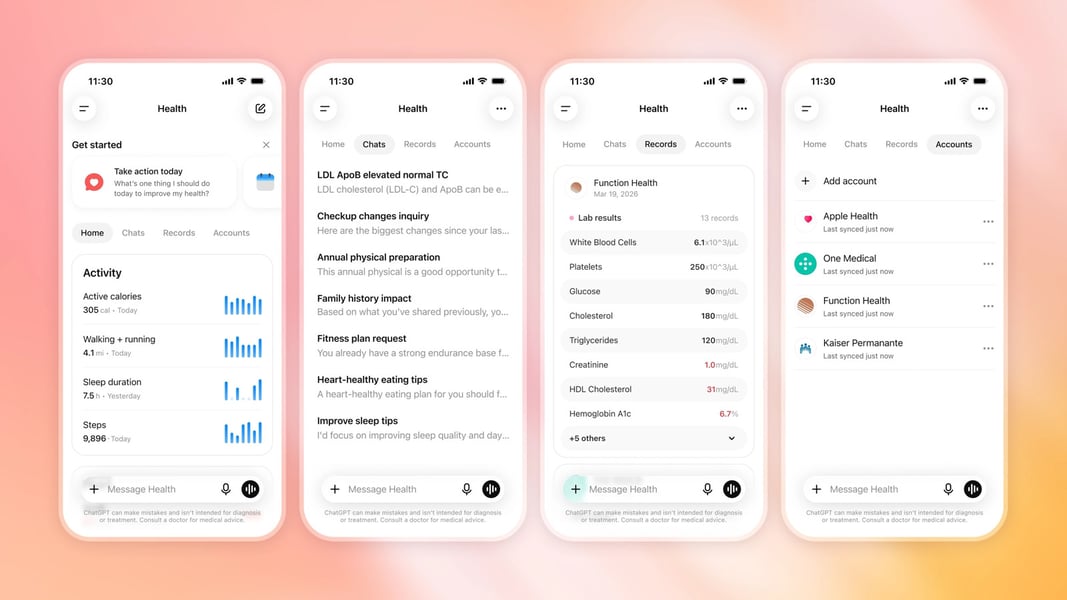 ChatGPT Health interface connecting OpenAI to Epic electronic health records for clinicians