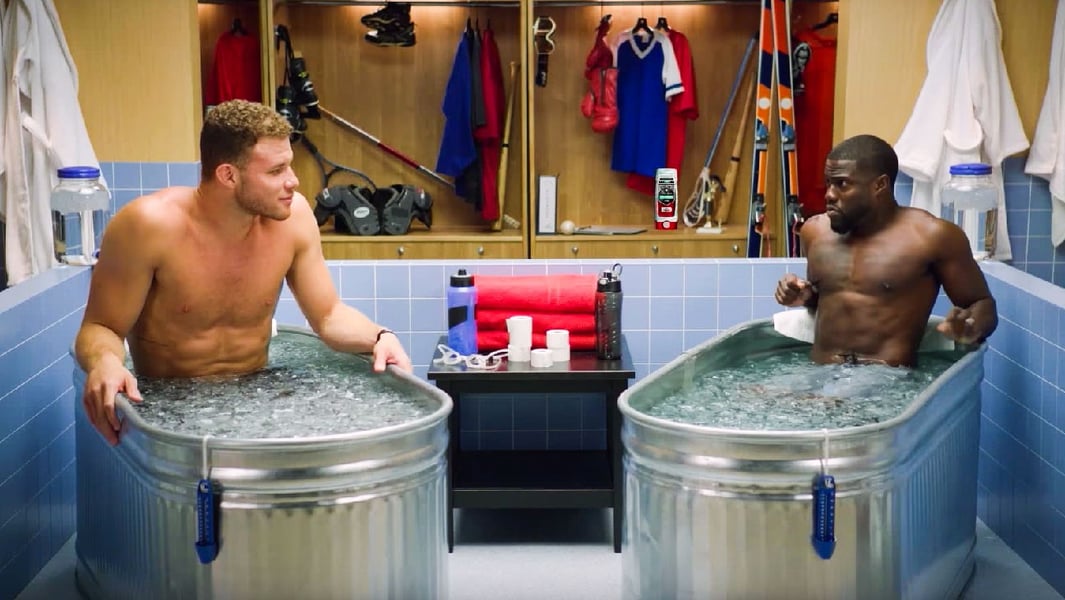 Kevin Hart and guest in Cold as Balls ice bath interview format