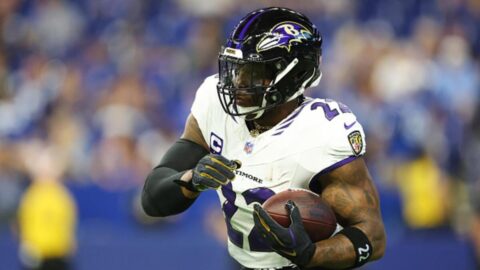 Derrick Henry of the Baltimore Ravens runs with the ball against the Indianapolis Colts in Week 1 2026