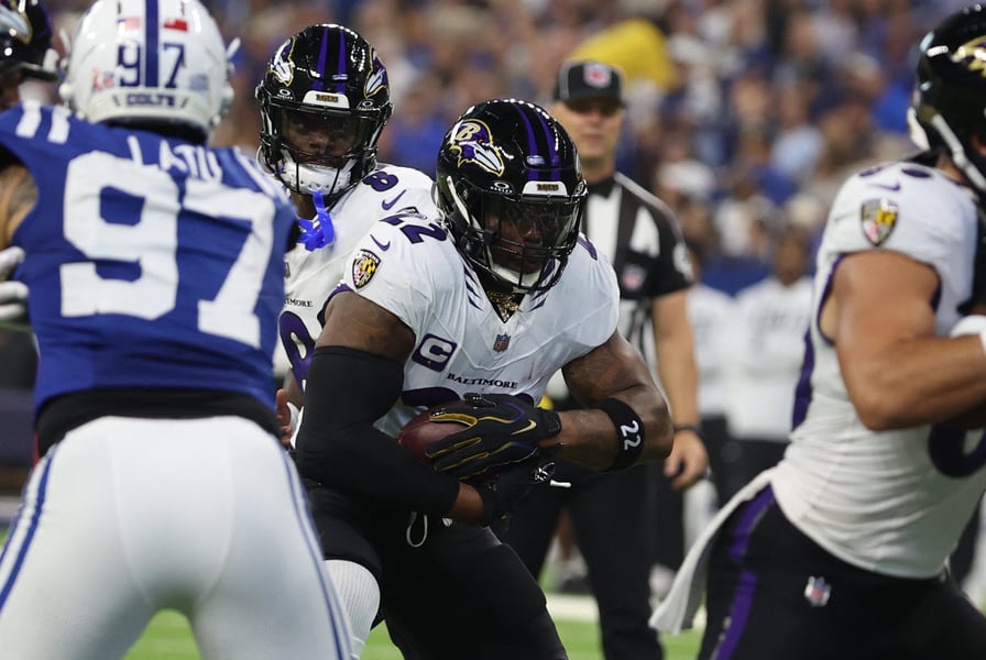 Derrick Henry of the Baltimore Ravens carries the ball against the Indianapolis Colts in NFL Week 1 2026