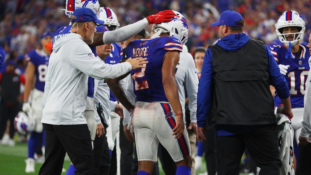 Buffalo Bills and Detroit Lions players on the field at Highmark Stadium in Week 2 of the 2026 NFL season