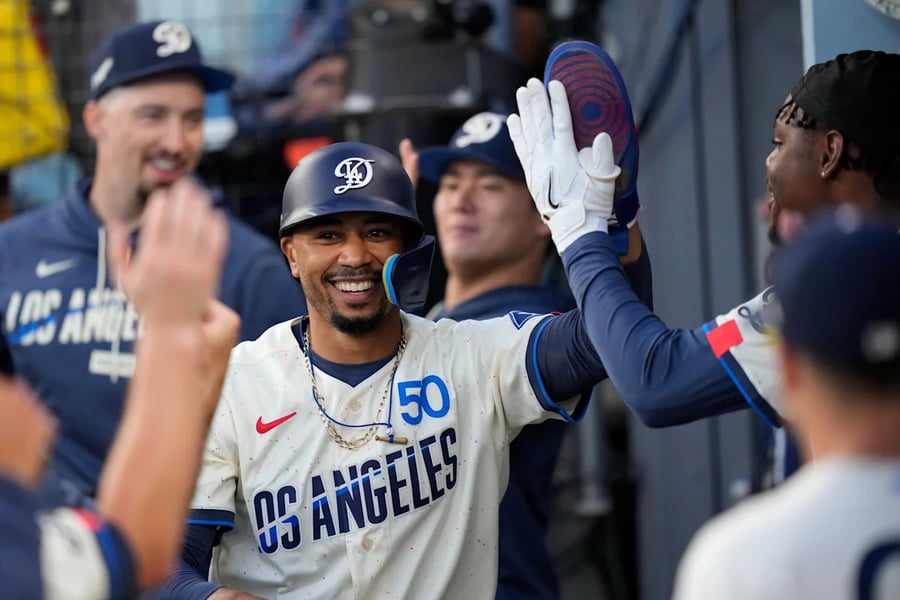 Los Angeles Dodgers celebrate during their 10-4 win over the San Francisco Giants