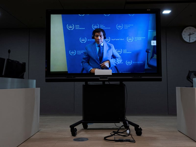 Rodrigo Duterte at the International Criminal Court hearing as charges are confirmed for crimes against humanity
