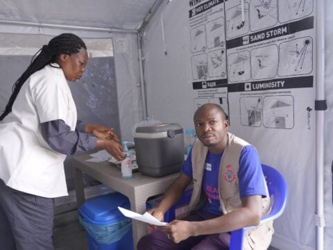 Health worker in DRC receiving Ervebo vaccine during the 2026 Bundibugyo Ebola outbreak in North Kivu