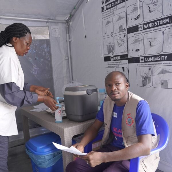 A health worker in protective gear at an Ebola treatment centre in eastern Democratic Republic of Congo