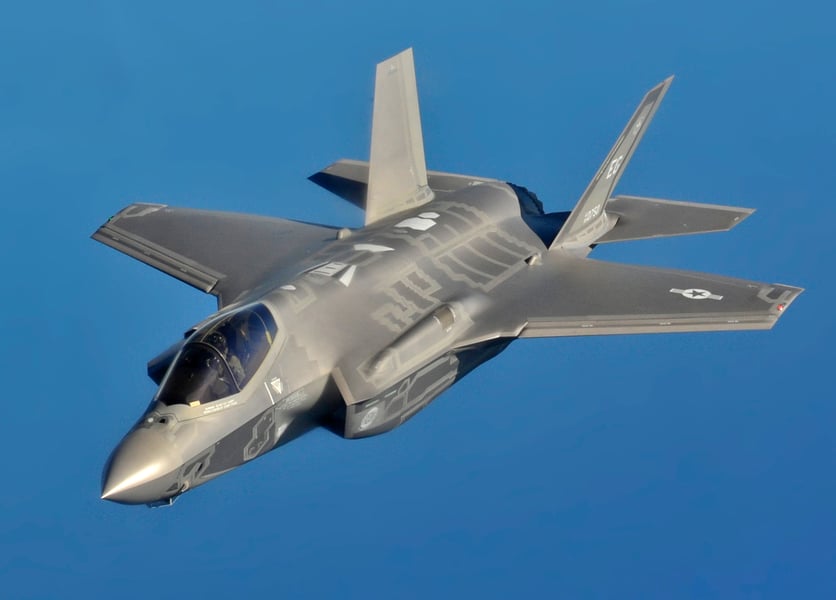 F-35A fighter jet in flight, US Air Force, defence stocks Raytheon Lockheed September 2026