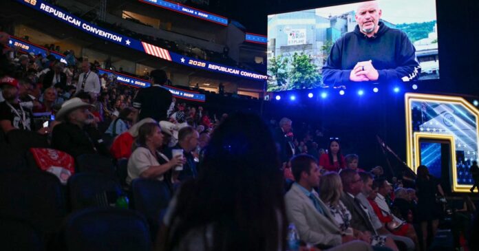 Pennsylvania Democratic Sen. John Fetterman appears via video at the GOP midterm convention in Dallas, September 2026