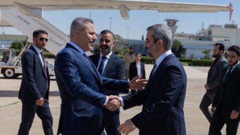 Turkish Foreign Minister Hakan Fidan and Syrian FM Asaad al-Shaibani at joint press conference in Damascus accusing Israel of destabilizing Syria