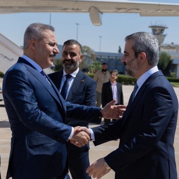 Turkish Foreign Minister Hakan Fidan and Syrian FM Asaad al-Shaibani at joint press conference in Damascus accusing Israel of destabilizing Syria