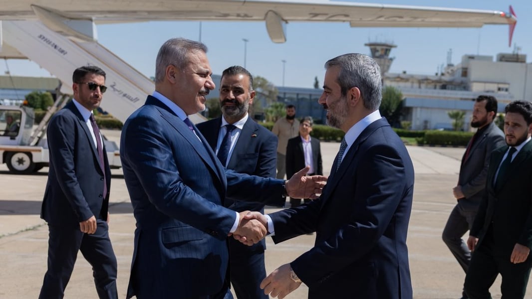Turkish Foreign Minister Hakan Fidan and Syrian FM Asaad al-Shaibani at joint press conference in Damascus accusing Israel of destabilizing Syria