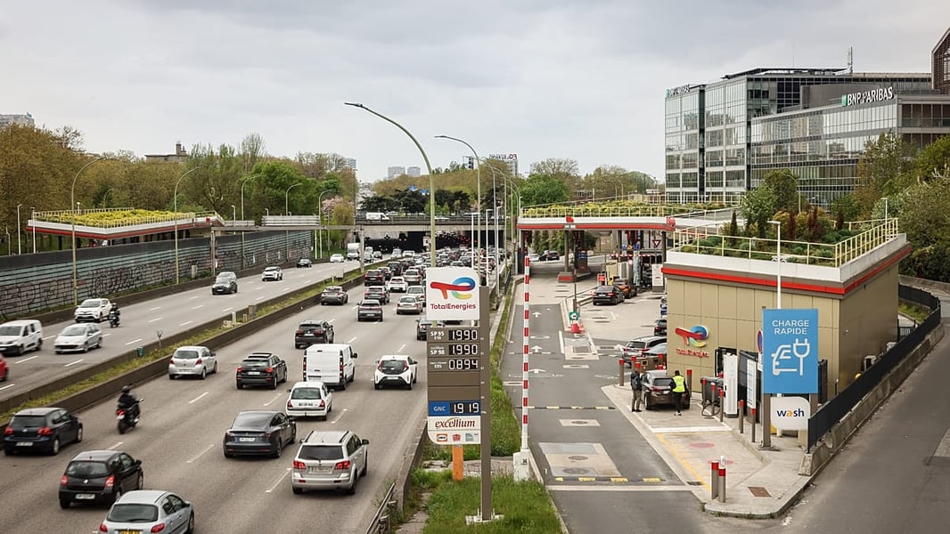 Petrol station forecourt in France showing record diesel prices amid the US-Israel war on Iran energy crisis