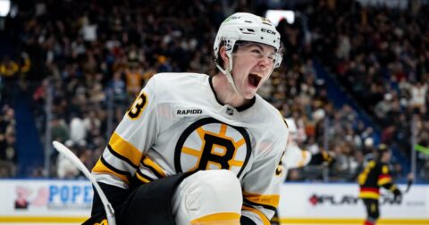 Fraser Minten in Boston Bruins uniform after signing seven-year contract extension