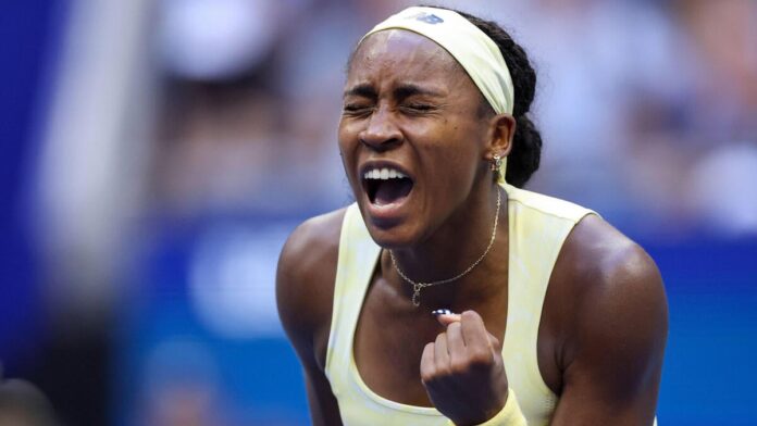 Coco Gauff celebrates after reaching the 2026 US Open women's semifinals