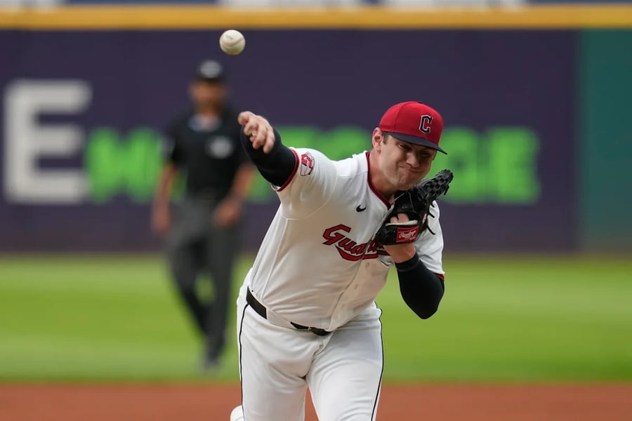 Cleveland Guardians pitcher Gavin Williams on the mound during 13-strikeout performance against Toronto Blue Jays