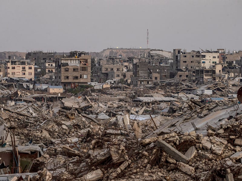 Destroyed buildings in Gaza reflect the economic devastation detailed in the UNCTAD report