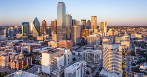 American Airlines Center in Dallas lit up for the first-ever Republican midterm convention, September 2026