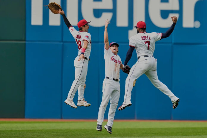 Cleveland Guardians celebrate their 6-3 win over the Chicago White Sox at Progressive Field