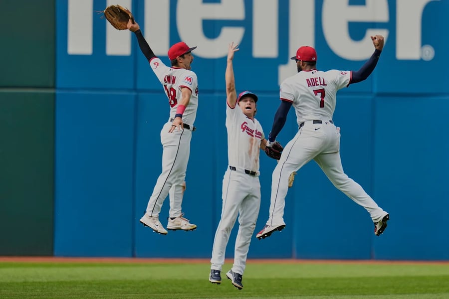 Cleveland Guardians celebrate their 6-3 win over the Chicago White Sox at Progressive Field