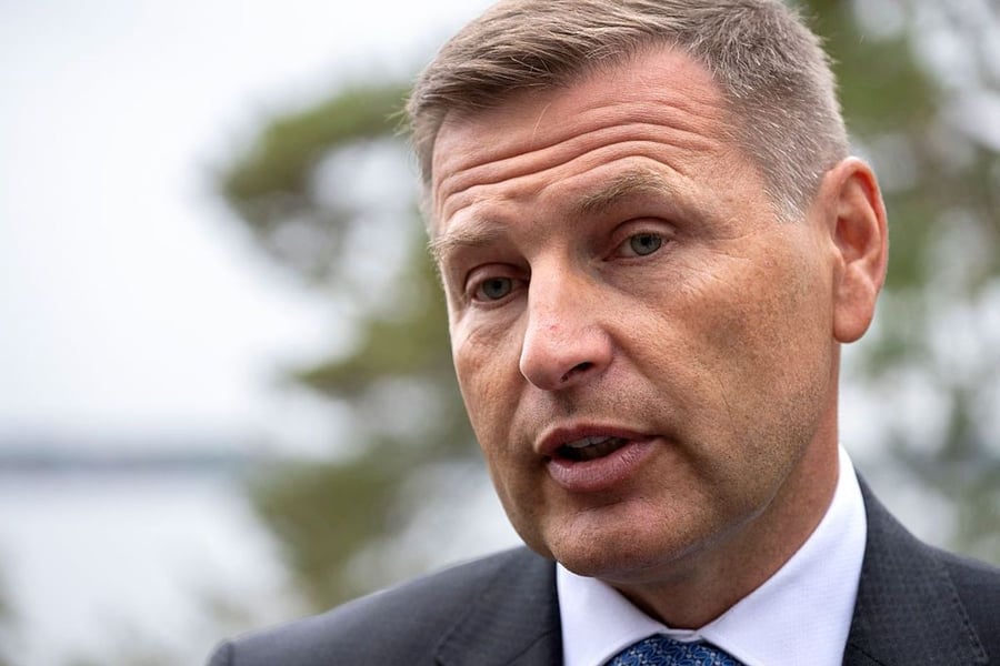 Hanno Pevkur, Estonia's Defence Minister, speaking at a defence conference in Stockholm in August 2026
