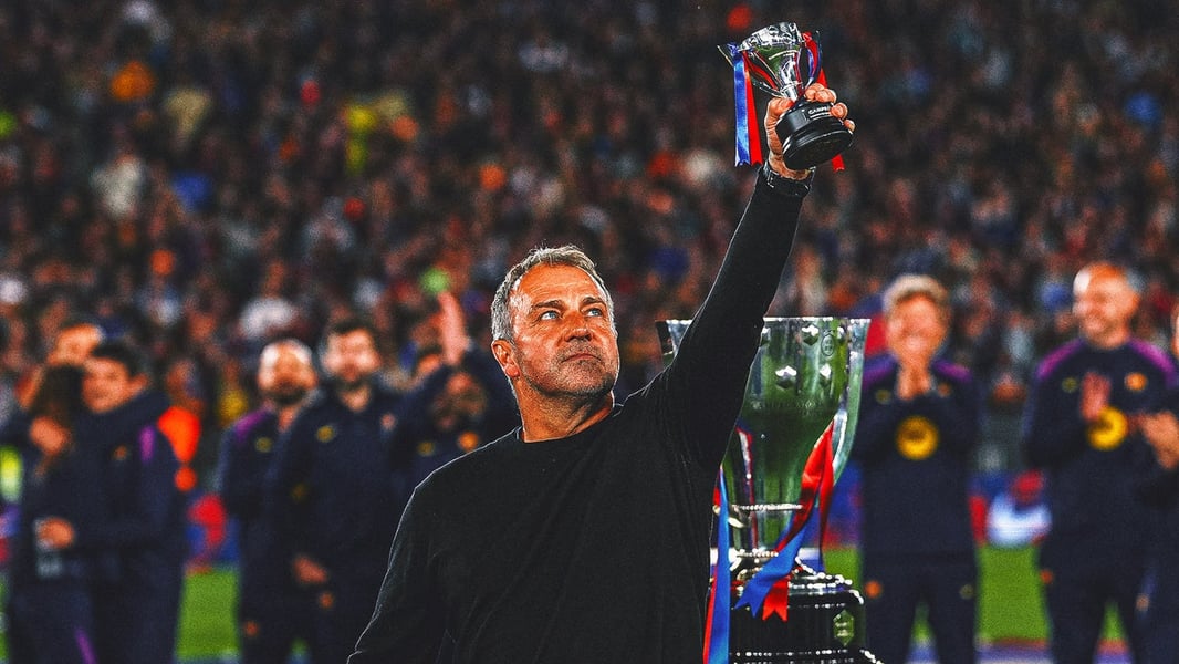 Hansi Flick on the touchline as Barcelona head coach during his extended contract tenure in 2026