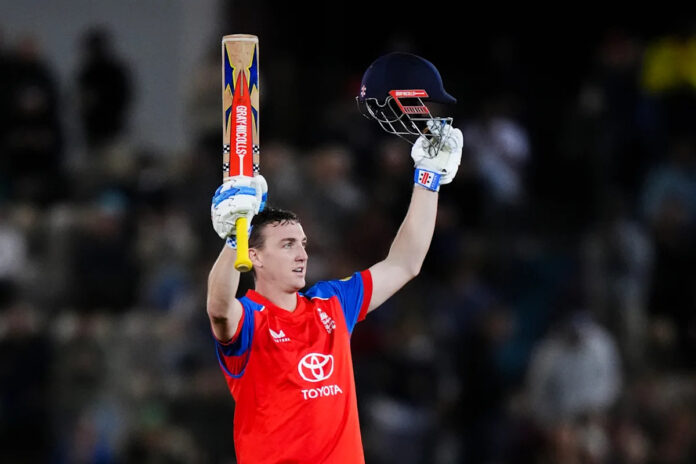 England captain Harry Brook celebrates his century against Sri Lanka in the 1st T20I at Southampton