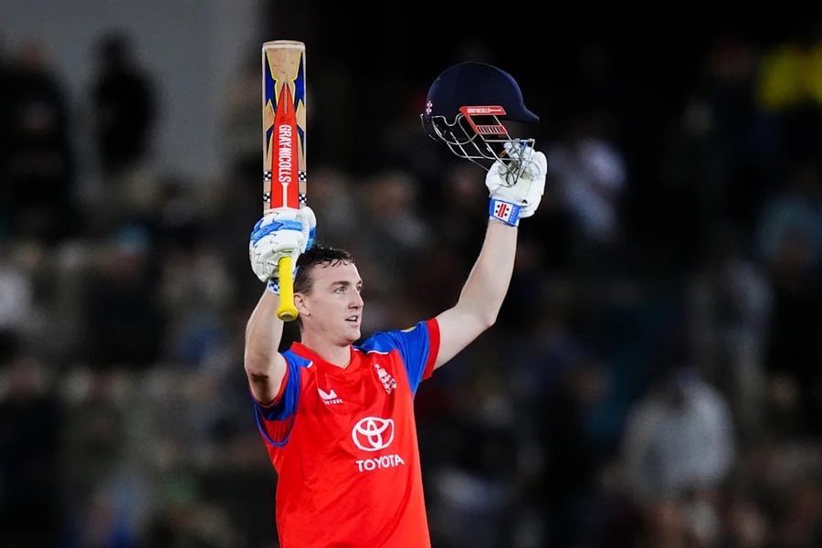 England captain Harry Brook celebrates his century against Sri Lanka in the 1st T20I at Southampton