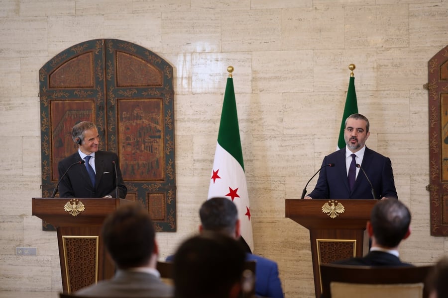 IAEA Director General Rafael Grossi and Syrian Foreign Minister Asaad Al-Shaibani at joint press conference in Damascus
