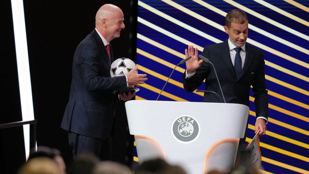 FIFA president Gianni Infantino at a press conference as FIFA accuses UEFA of smear campaign