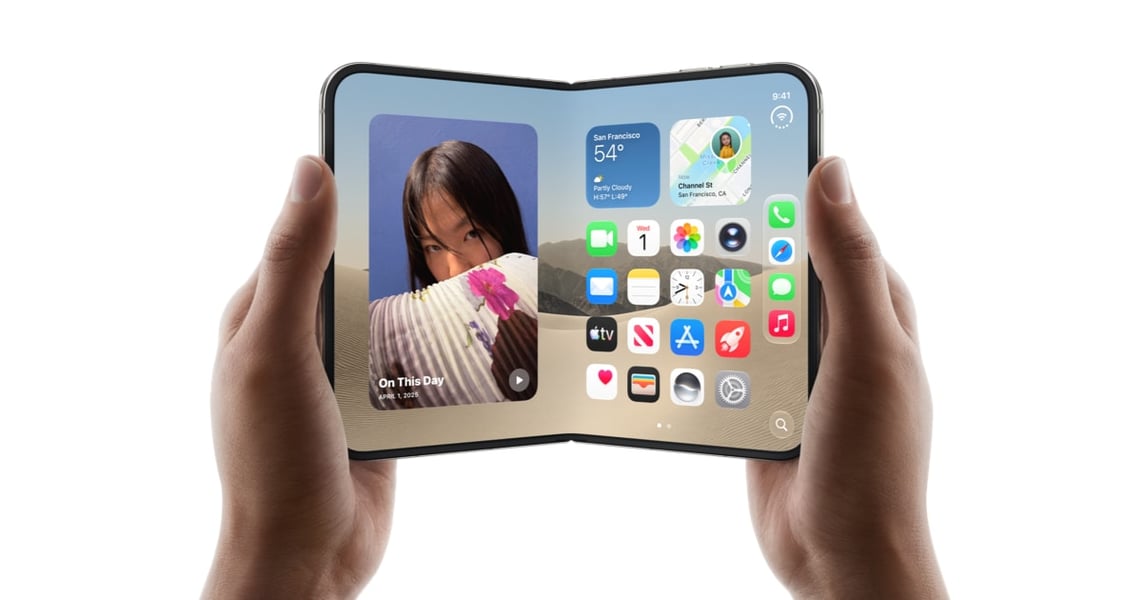 Apple iPhone Duo foldable iPhone open on a table showing its 7.6-inch inner display at the September 2026 Apple event