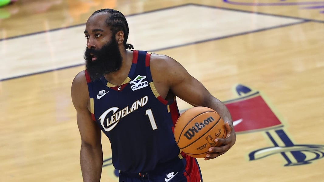 James Harden in Cleveland Cavaliers uniform after officially crossing $500 million in career NBA earnings