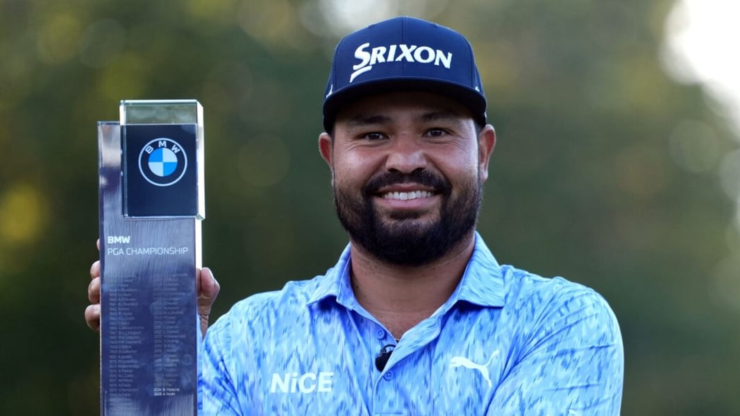 JJ Spaun holds the BMW PGA Championship trophy at Wentworth Club, September 2026
