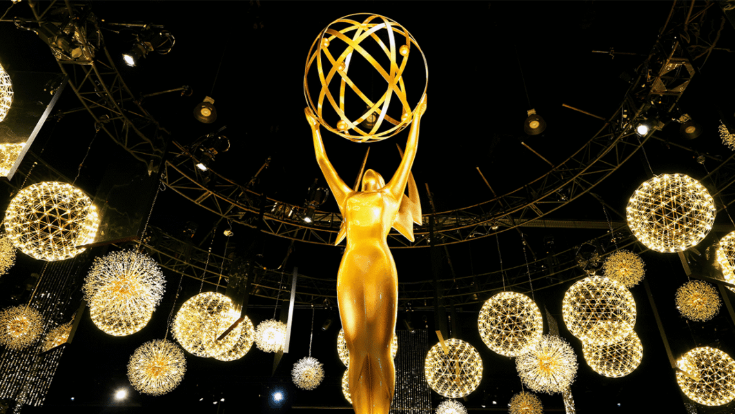 Jon Hamm and Anna Osceola on the Emmy Awards red carpet 2026 at Peacock Theater
