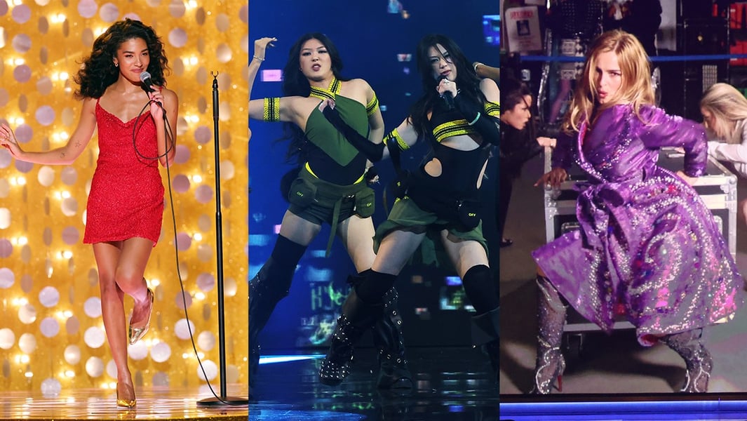 KATSEYE performing at the 2026 Grammy Awards alongside Olivia Dean