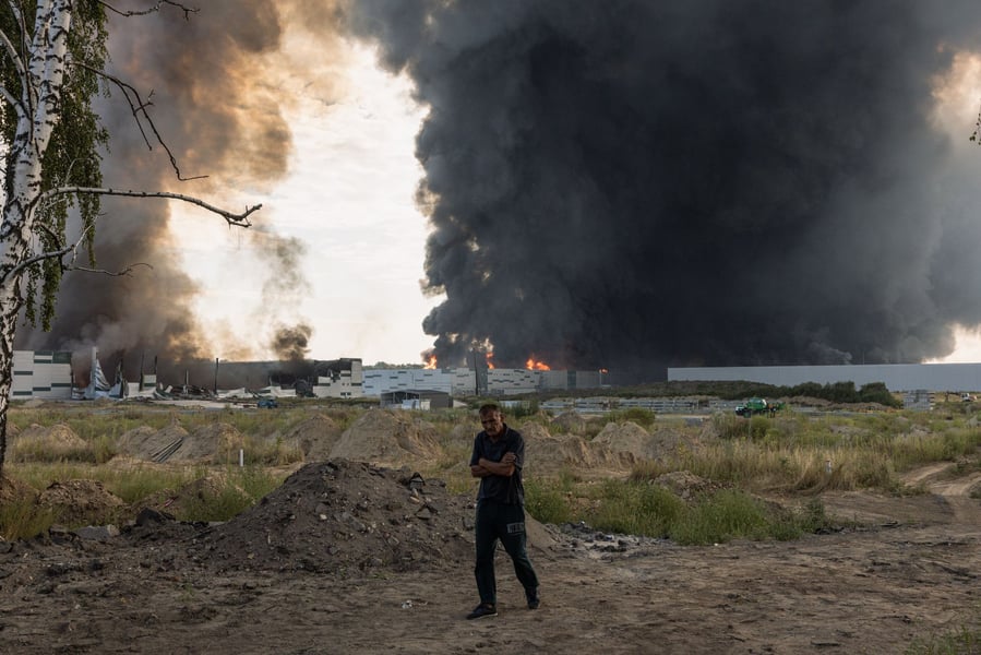 Damage in Kyiv from Russia's jet-powered drone blitz, August 2026