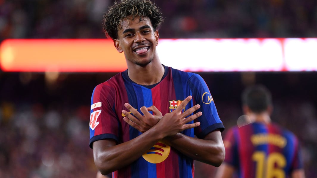 Lamine Yamal celebrates scoring his 50th goal for Barcelona against Rayo Vallecano at Camp Nou