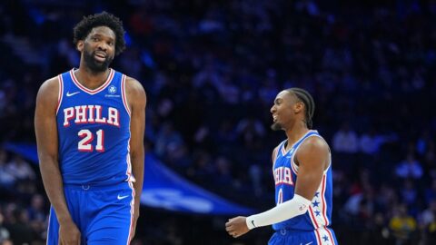 Joel Embiid and Tyrese Maxey of the Philadelphia 76ers smile ahead of the 2026-27 NBA season