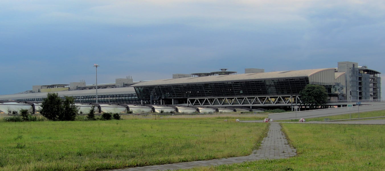 Leipzig Halle Airport terminal interior, site of the explosive drone attack blamed on Russia in August 2026