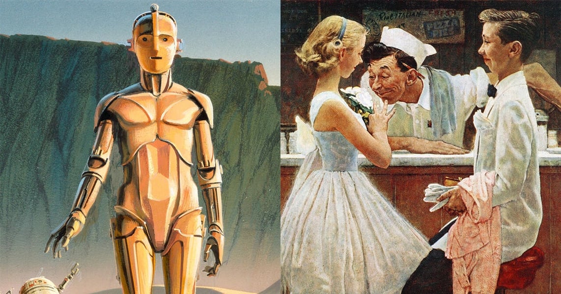 Artwork on display inside the Lucas Museum of Narrative Art featuring works by Ralph McQuarrie and Norman Rockwell