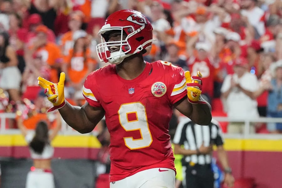 Patrick Mahomes throwing a pass for the Kansas City Chiefs against the Las Vegas Raiders in NFL Week 1 2026