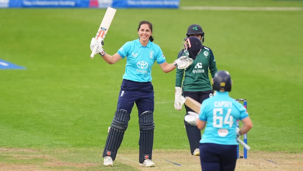 Maia Bouchier batting for England Women at Grace Road during the record ODI run chase against Ireland