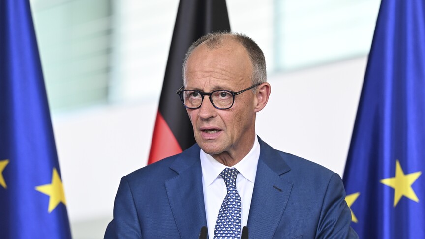German Chancellor Friedrich Merz speaking at joint press conference with EU Council President António Costa on EU multiannual financial framework budget cuts