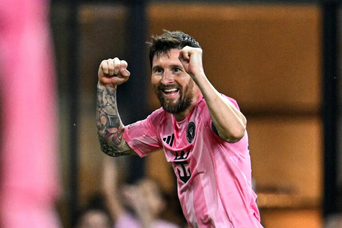Lionel Messi celebrates scoring his 930th career goal for Inter Miami in the 2-2 MLS draw with San Diego FC